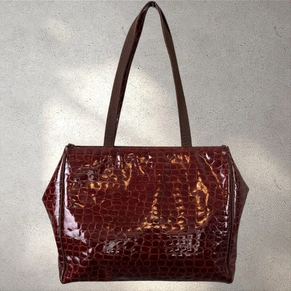 Vtg Salvatore Ferragamo Croc Embossed Shoulder Tote‎ Vara Bag Purse
